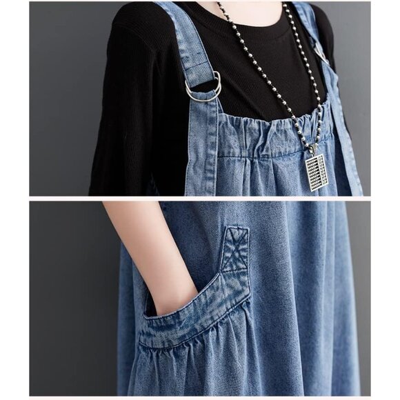 Denim Jumper Dress Women Maxi Length Loose Style Adjustable Straps Casual - Picture 5 of 5